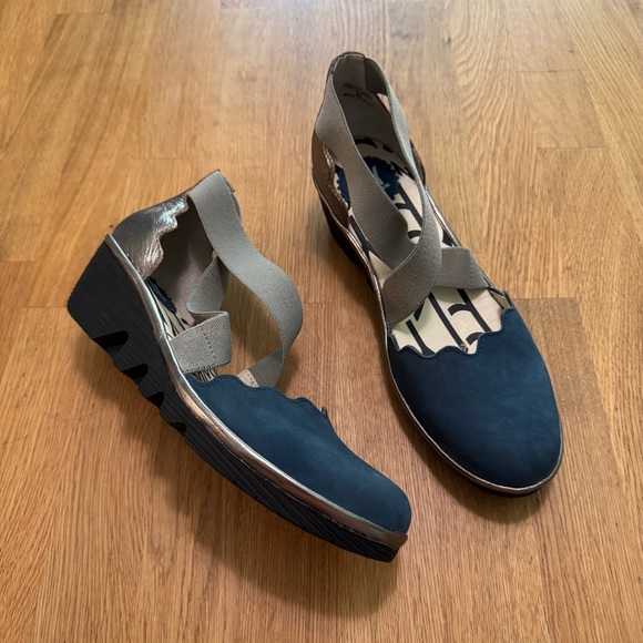 Fly London Shoes - Fly London 39 Pago Navy & Bronze Scalloped Leather Cross Strap Wedge Shoes